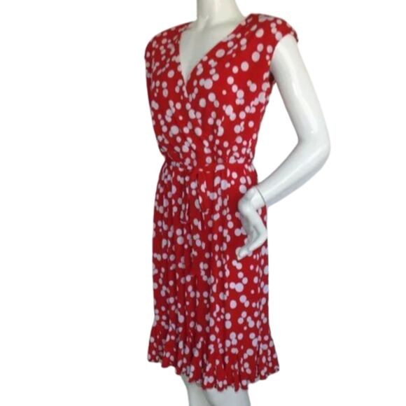 GLAMOUR Dress, 8, Red, White Ditzy Polka dots, Sleeveless, Sash belt, VINTAGE - Picture 4 of 13